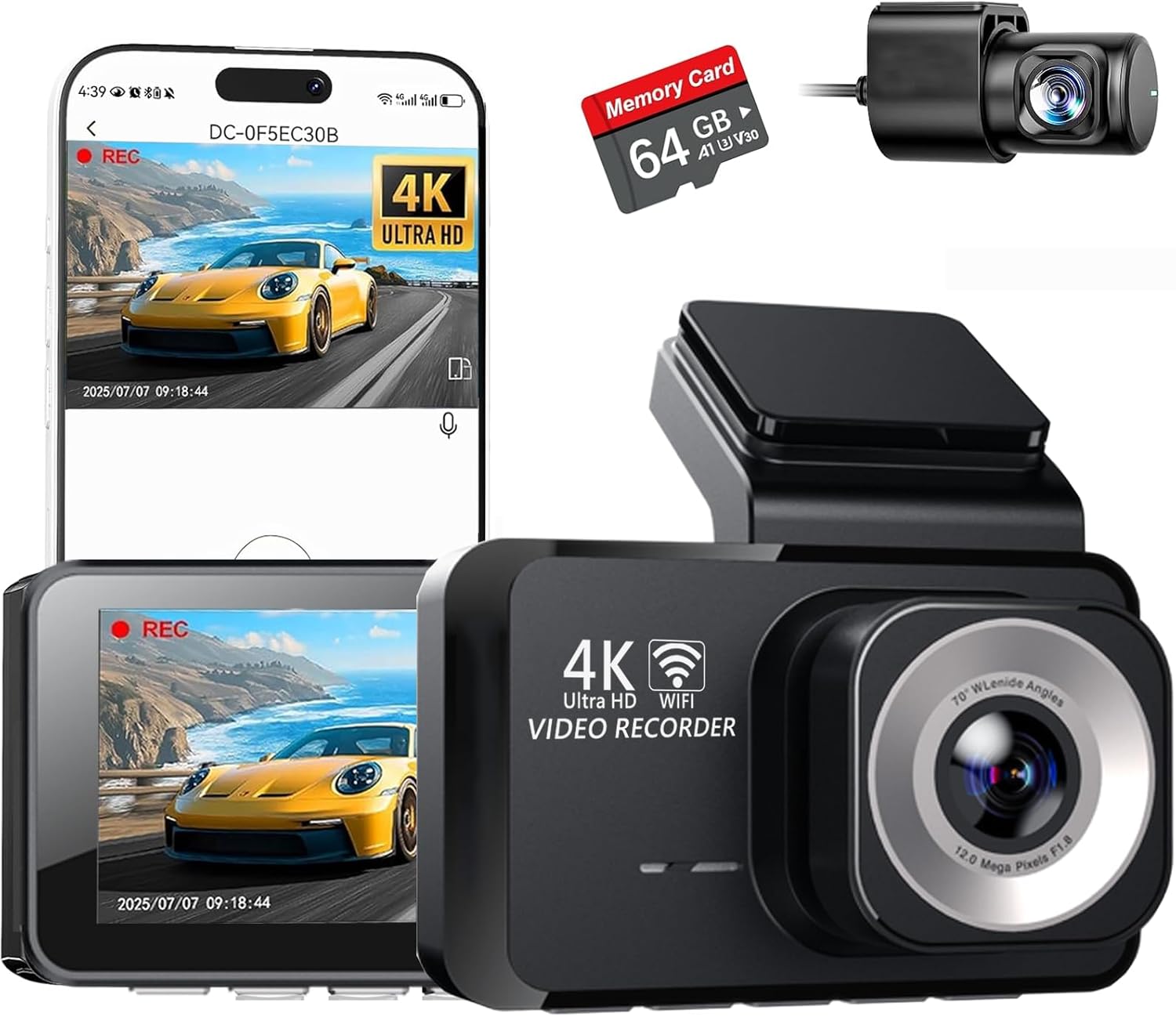 4K Wi-Fi 6 Dual Channel Dash Cam, Dash Cam Front and Rear 4K+1080P for Cars, Dash Camera with 64GB Card, APP Control, G-Sensor, 24 Hours Parking Mode, Loop Recording, Night Vision