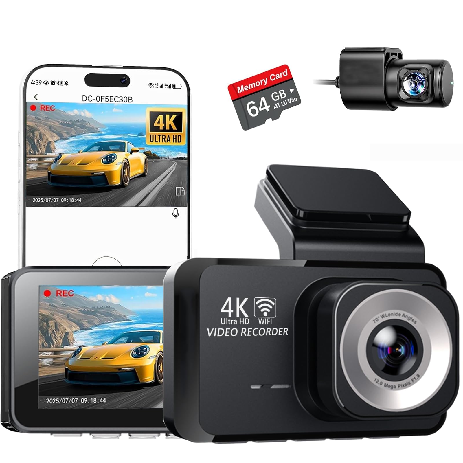 4K Dual Channel Dash Cam Front and Rear Free 64GB Card Included 5 8GHz WiFi Dash Camera for