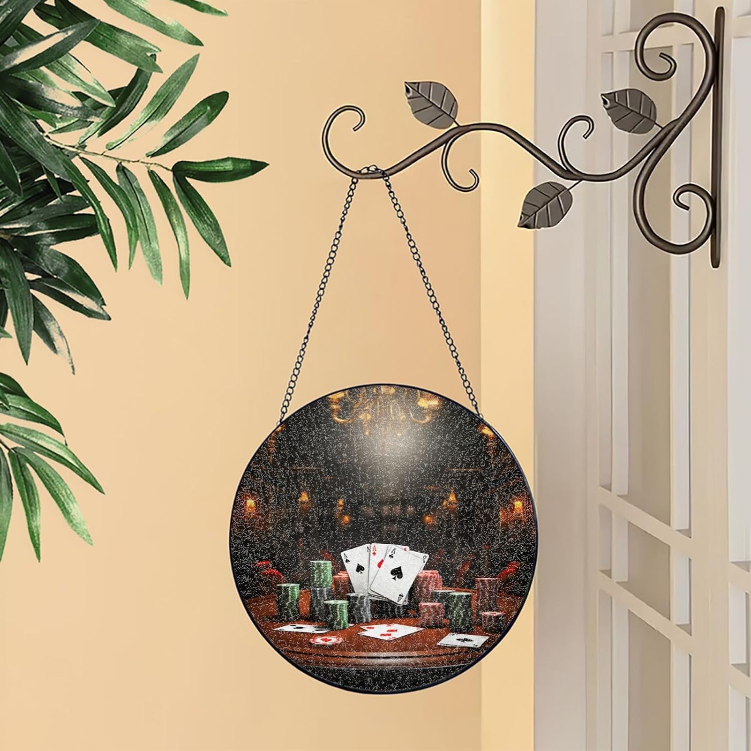 Stained Glass Window Hanging 6in（15cm）, Poker Tournament Glass Suncatcher for Home Decor, Indoor Wall Art Glass Panel with Metal Chain and Hooks, Sun Catcher Ornament Birthday Gifts