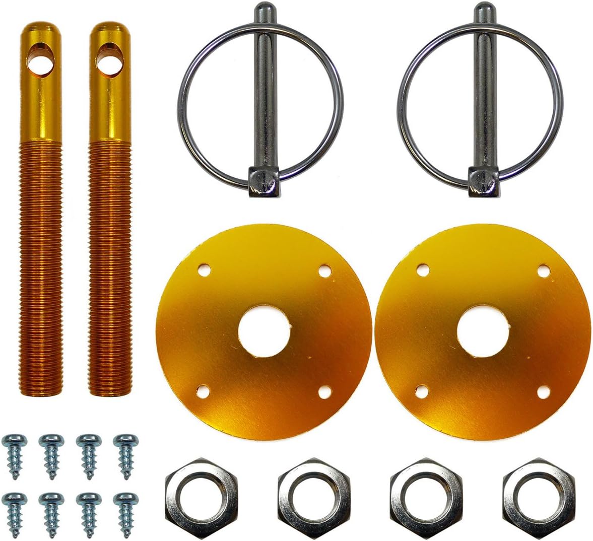 Aluminum Universal Hood pin set kit Chrome Hardware Flip Over Made for Chevy Mopar GM Hot Rod Street Rod Drag racing Race Muscle Car 1/2" (Gold)