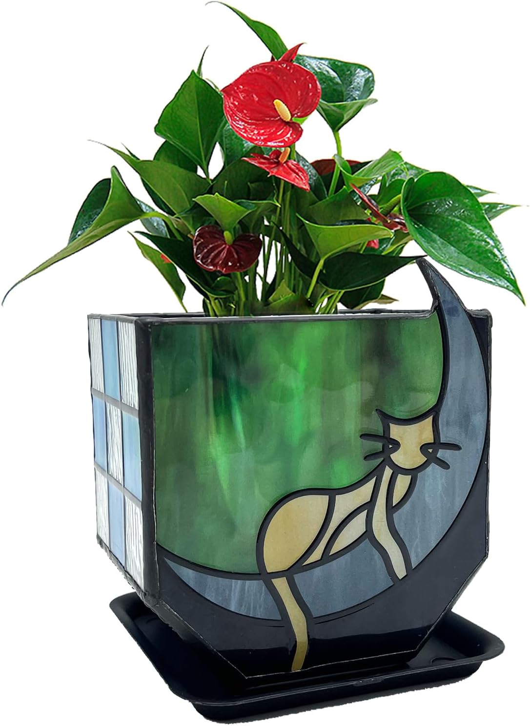Moon Cat Stained Glass Planter Cute Unique Plant Pot Flower Decor Cat Planters for Indoor Plants Gifts for Plant Lovers Women(4 * 2.76 * 3.74 in),Grey Moon