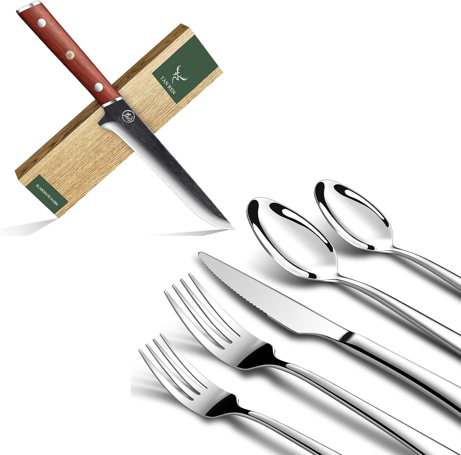 TAN REN 6 Inch Boning Knife for Meat Cutting and Silverware Set for 6, 30-Piece Stainless Steel Flatware Sets