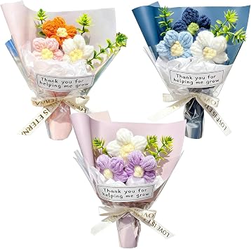 Wavwavw 3 Pcs Back to School Crochet Teacher Appreciation Gifts Handmade Positive Mini Crochet Flower Bouquet Thank You for Helping Me Grow Teachers Gifts Bulk for First Day of School Gift Pastel