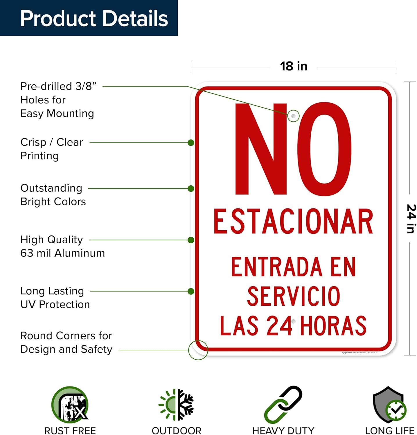 No Parking 24 Hours Service Entry Spanish Sign, 18x24 Inches, Rust Free .063 Aluminum, Fade Resistant, Made in USA by My Sign Center