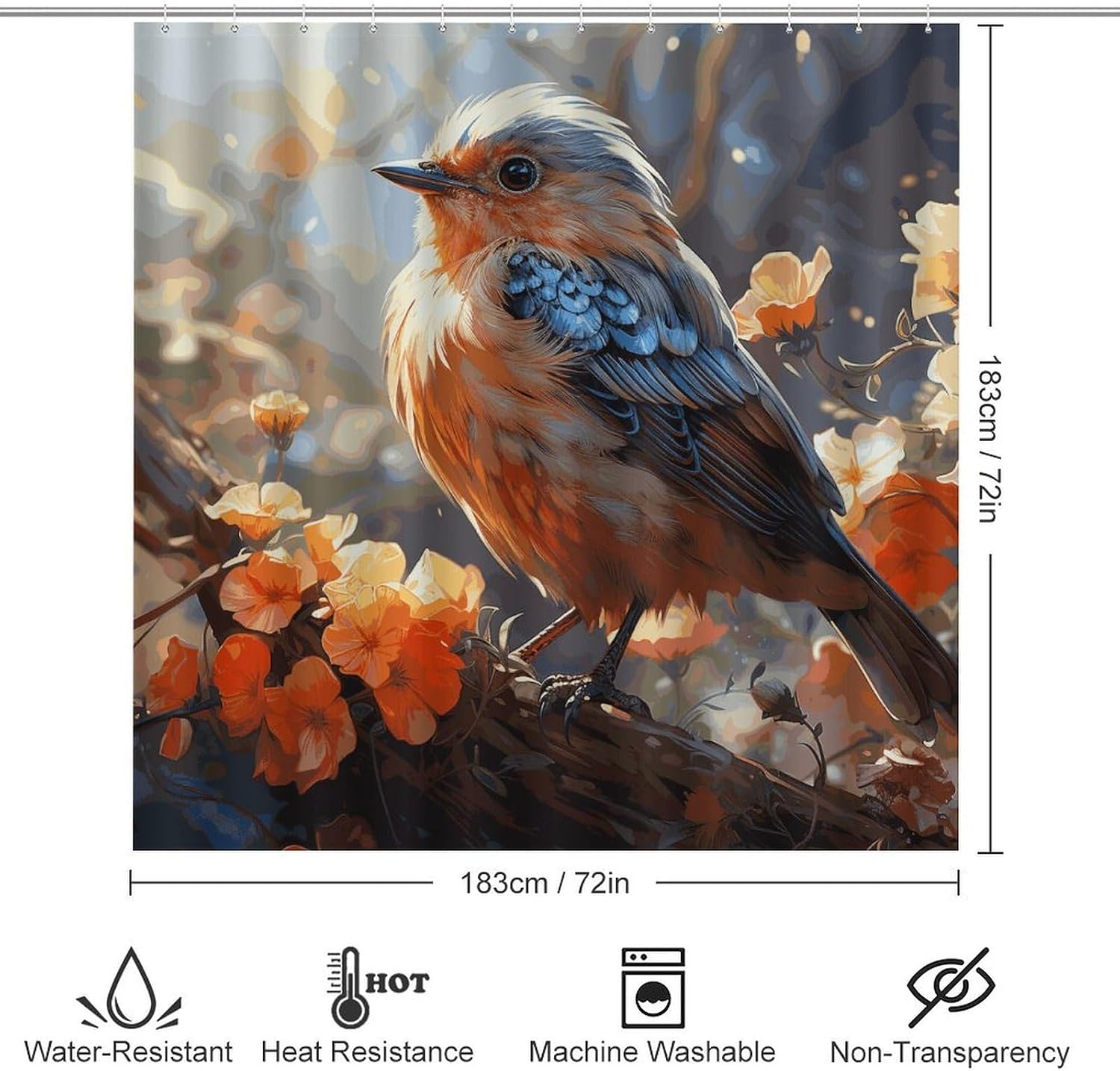 Flowers and Birds 4Pcs Shower Curtain Set with Non-Slip Rugs, Toilet Lid Cover and Bath Mat,Bathroom Set Decor Accessories,Curtain Set with 12 Hooks, 72 X 72 Inch
