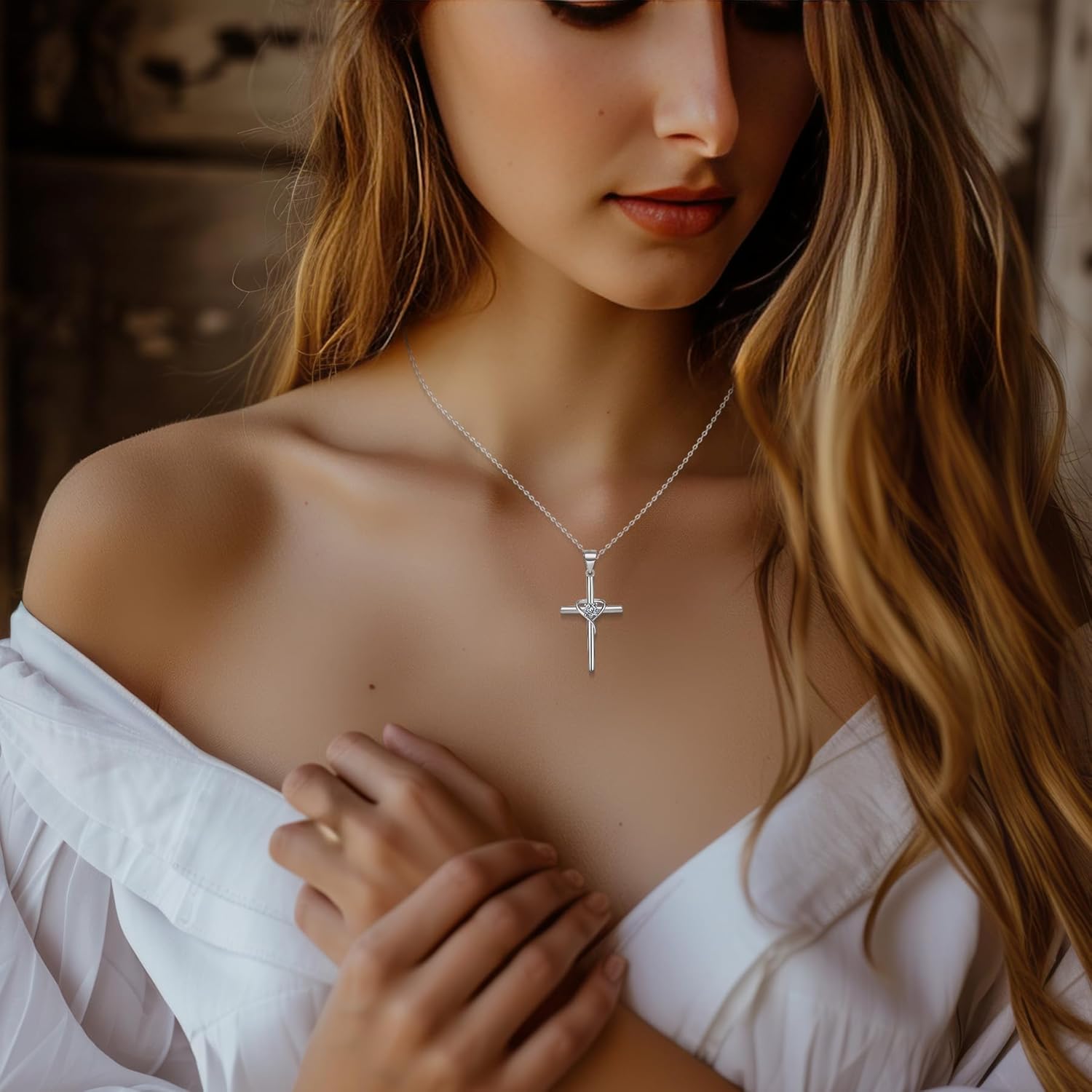 Cross Necklace for Women, 925 Sterling Silver Birthstone Necklace, 5A CZ Cross Heart Pendant with Adjustable Chain, 16+2 Inches - Image 3