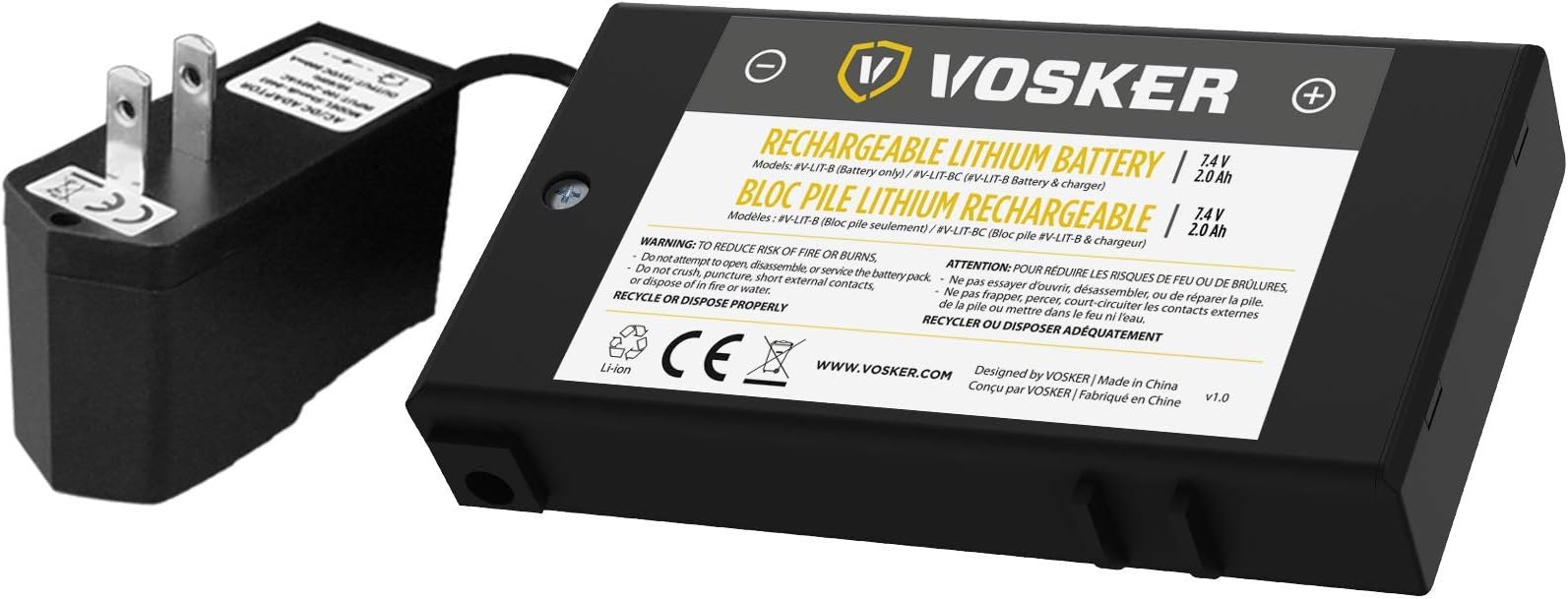 Vosker Rechargeable Battery Pack and Outdoor Charger for V100 and V200 Security Cameras, Long Lasting Lithium Ion, Fast Charge 2000 mAh Capacity, Cold Weather Resistant