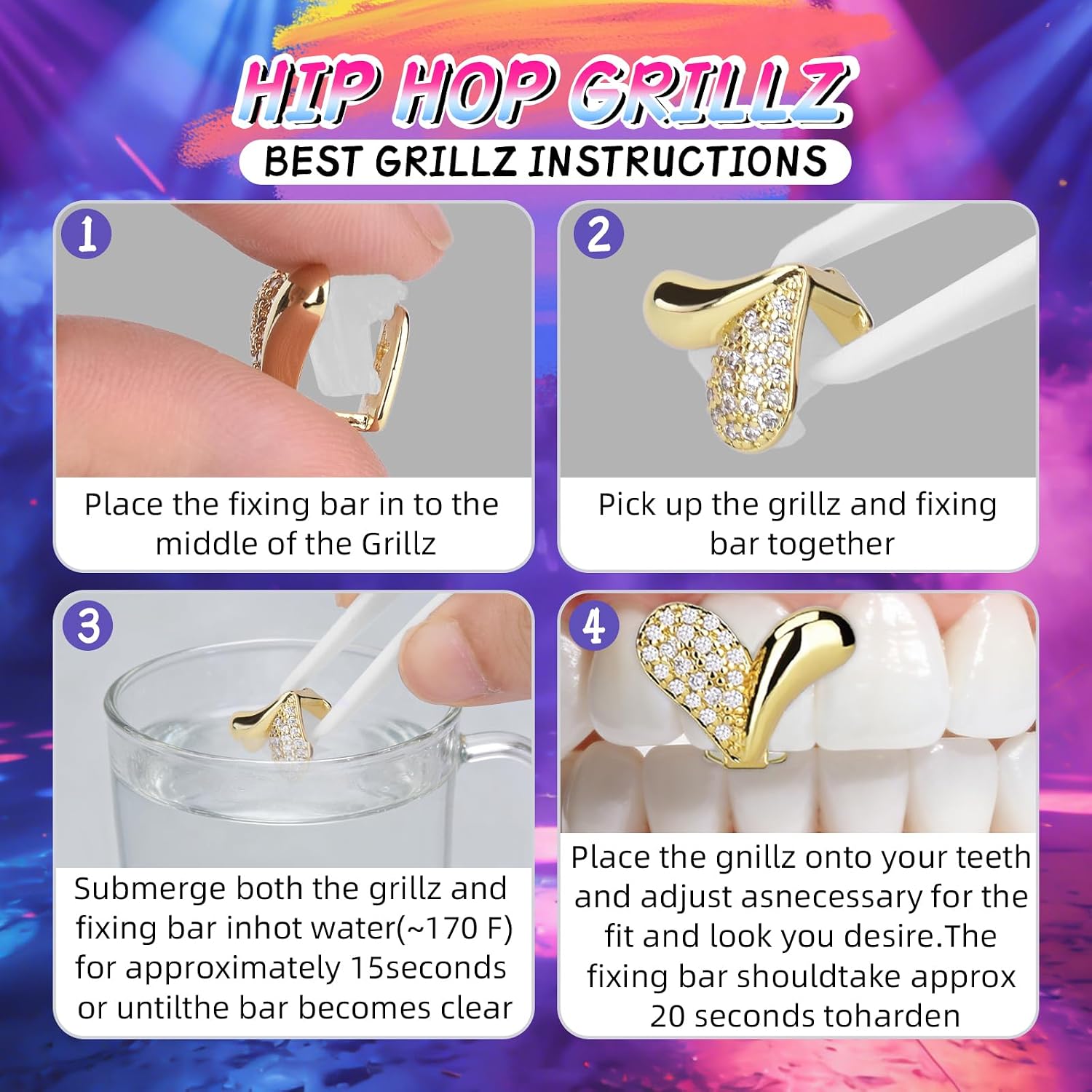 6Pcs 18K Gold Plated Grills Teeth Caps for Women Men, Single Grillz Dental Jewelry Kit Iced Out Hip Hop Fake Teeth for Party, Halloween, Cosplay