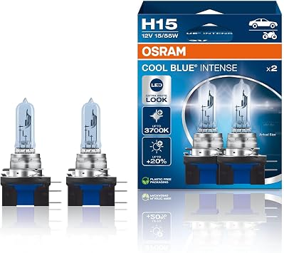 OSRAM COOL BLUE INTENSE H15, +20% more brightness, up to 3,700K, halogen headlight lamp, LED look, duo box 2 lamps 64176CBN-HCB [Energy Class A]