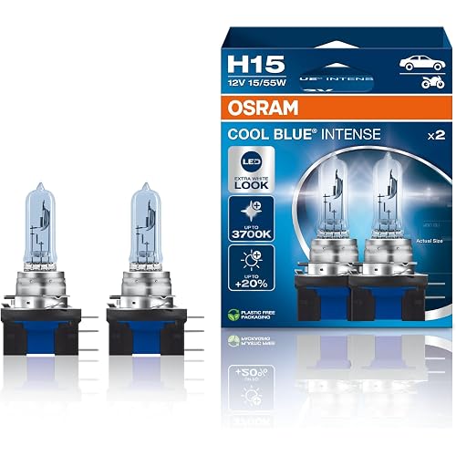 OSRAM COOL BLUE INTENSE H15, +20% more brightness, up to 3,700K, halogen headlight lamp, LED look, duo box (2 lamps) 64176CBN-HCB