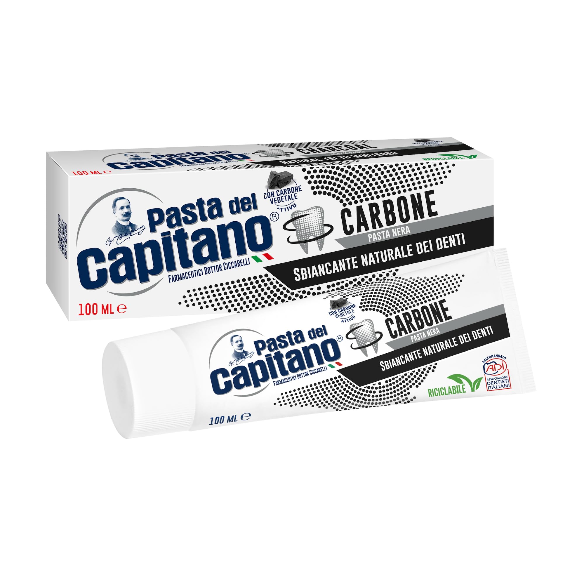 Pasta del Capitano, Bio Aktivkohle Zahncreme, Natürliches Zahnaufhellungsmittel in schwarzer Paste, Wirksam gegen Verfärbungen des Zahnschmelzes, 100% Made in Italy, 100 ml Tube