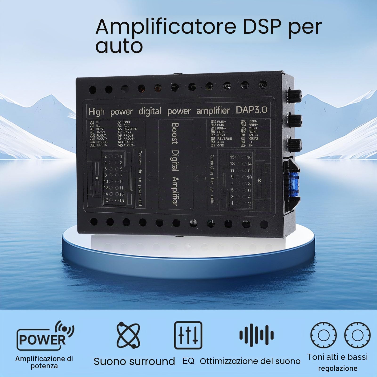 Amplificatore DSP per auto classe AB, DC12V Auto Amplificatore di per sistemi audio, compatibile con 2/4 Ohm, Processore audio digitale superiore, nero accessori per rimorchi