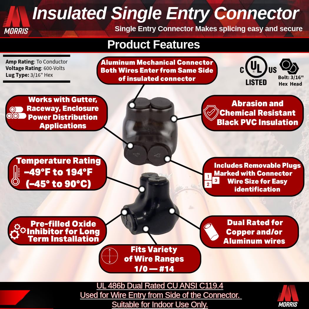 Morris Products 97105 Black Insulated 2 Conductor Single Side