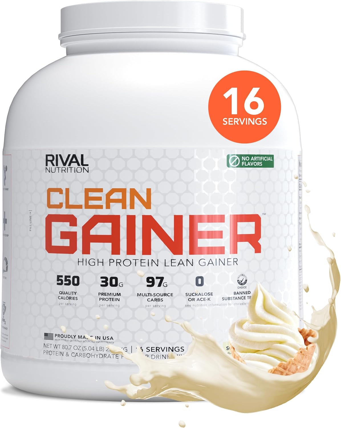 RIVAL NUTRITION Clean Gainer Soft Serve Vanilla High-Protein Lean Gainer Powder I 5 Lb, 16 Servings I 550 Calories, 30g Protein, 97g Multi-Source Carbs Per Serving I Natural Flavors, Clean Ingredients