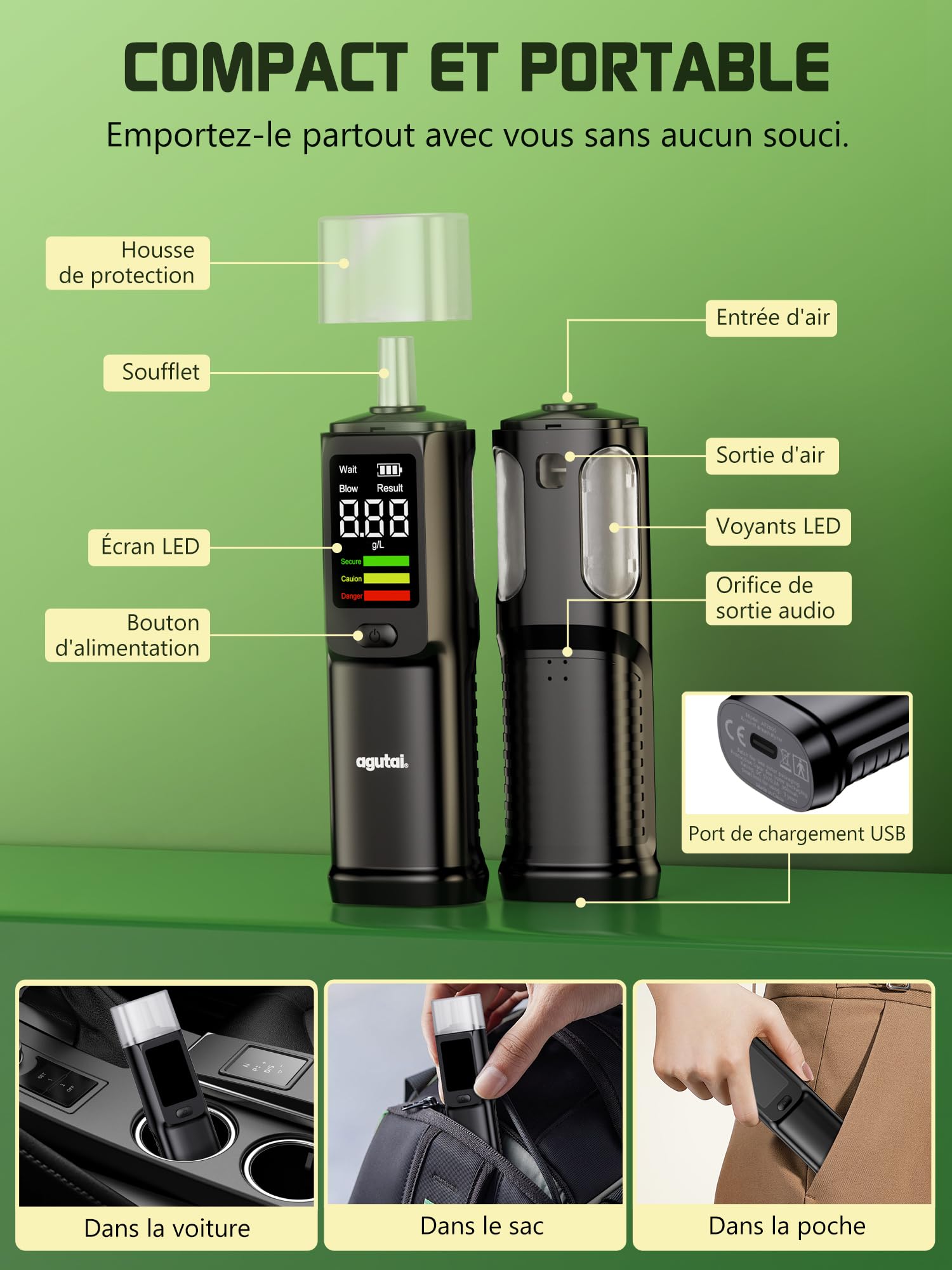 Ethylotest Electronique Homologué Alcootest Ethylometre : Professionnel Etiloteste Rechargeable Éthylomètre Haute Précision avec Affichage Numérique LCD - Portable Testeur d'alcool 10 Embouchures Noir