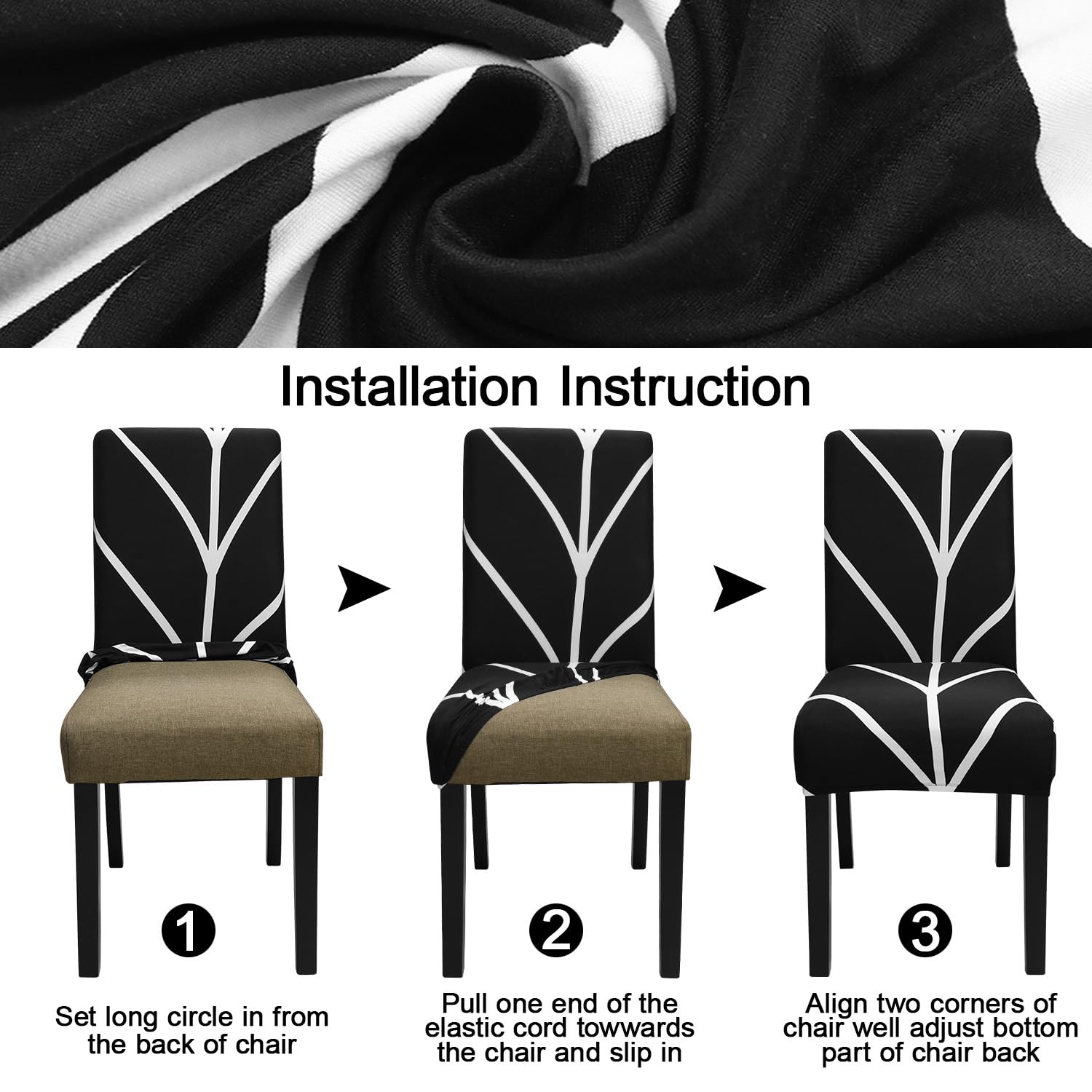 Keyroal Lot de 2 housses extensibles en élasthanne avec motifs imprimés, amovibles, lavables, pour chaises Parsons de salle à manger, cuisine, hôtel, cérémonie (noir