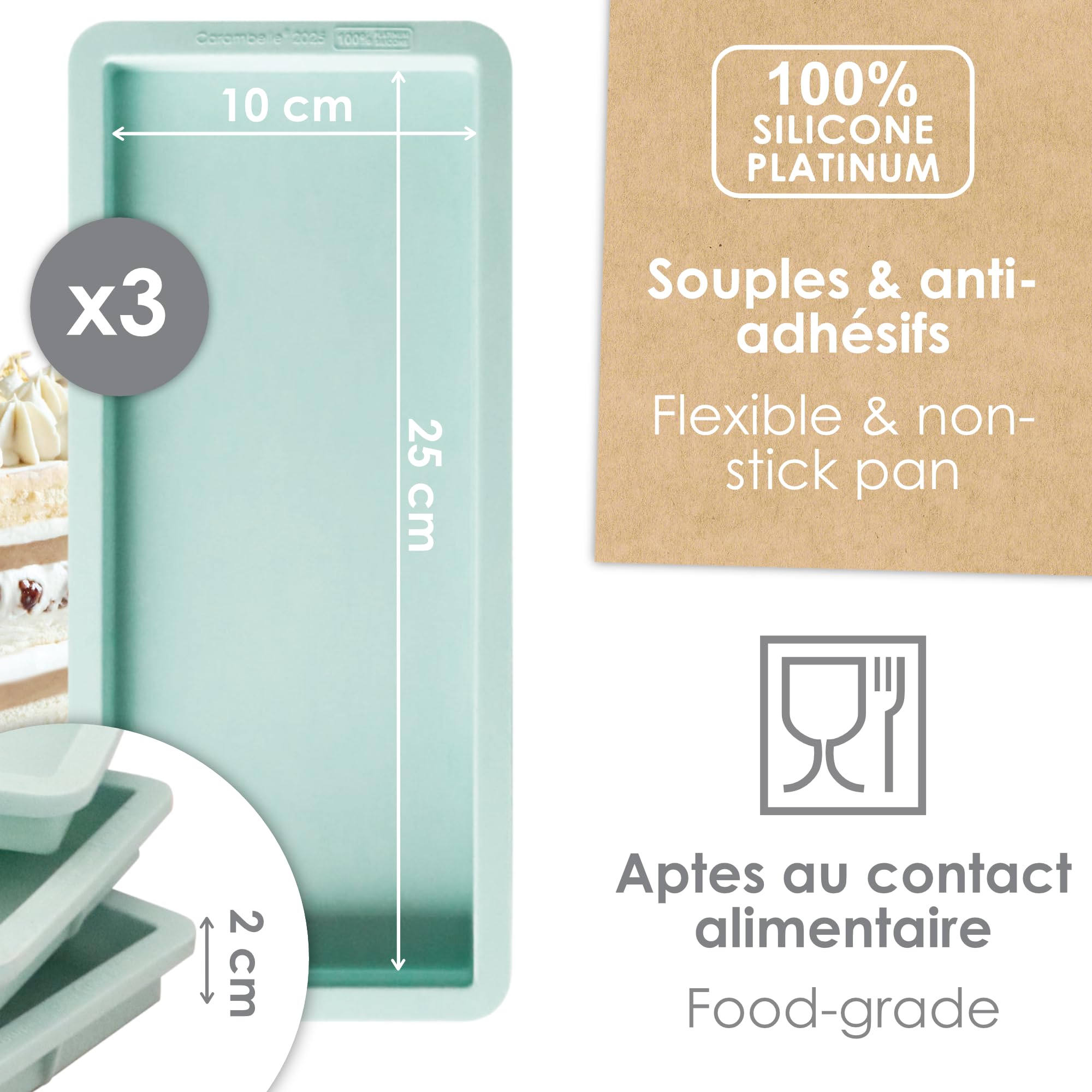 ScrapCooking - 3 Moules à Layer Cake Rectangulaires - Pour Bûches de Noël & Cakes - Silicone 25 x 10 cm - Gâteau à Étages, Rainbow Cakes, Gâteaux Anniversaire - Pâtisserie Professionnel - 2976