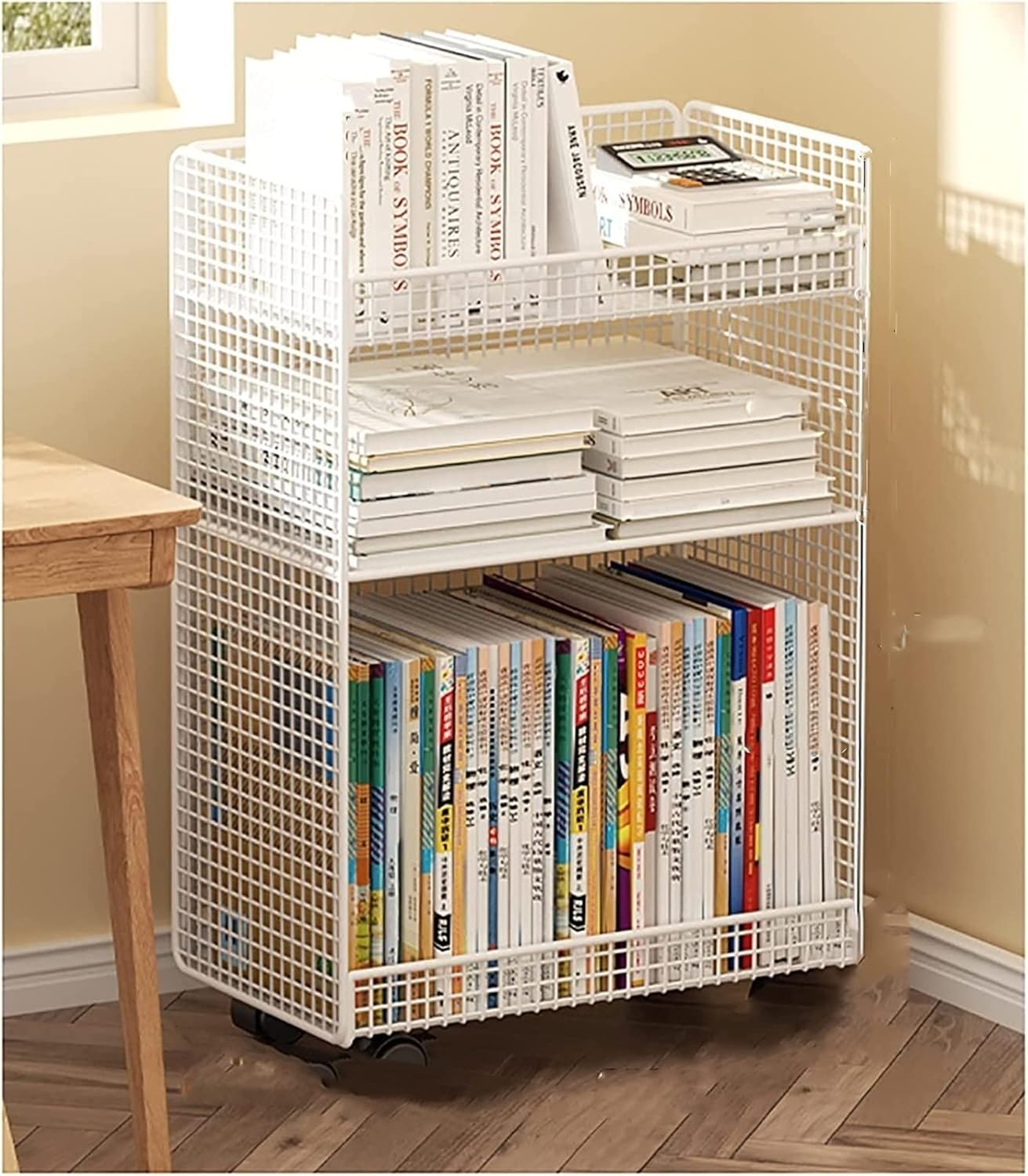 キャスター付き教科書収納ラック 本棚 ファイルラック 大容量収納ラック 組み立て簡単 多目的収納ラック オフィス/学校ディスプレイラック (色:白、黒 サイズ:64*35*22cm 50*39.5*22cm 45*38*17cm)