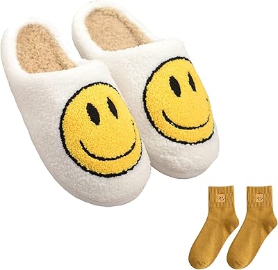 DepiYorSn Happy Face Slippers Retro Cozy Comfy Plush Warm Slip-on Slippers Winter Soft Fuzzy Indoor House Shoes with Memor...