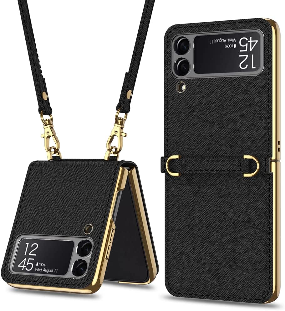 SHIEID Z Flip 3 Case, Galaxy Flip 3 Case Shoulder Strap Design, Light Luxury and Elegant with Magnetic Flip Protective Cover for Galaxy Z Flip 3 5G 2021, Black