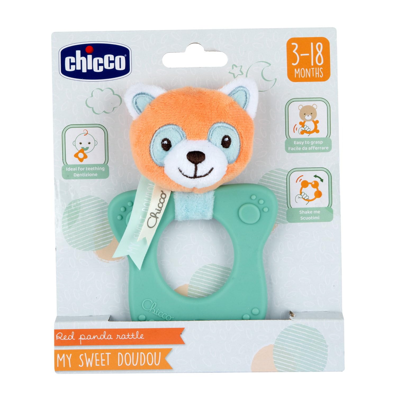 Turkusowo-Pomarańczowy Gryzak Chicco My Sweet Doudou, w Kształcie Pandy, z Miękkim gumowym Pierścieniem, Uspokajający w Okresie Ząbkowania Dziecka, 3-18 miesięcy