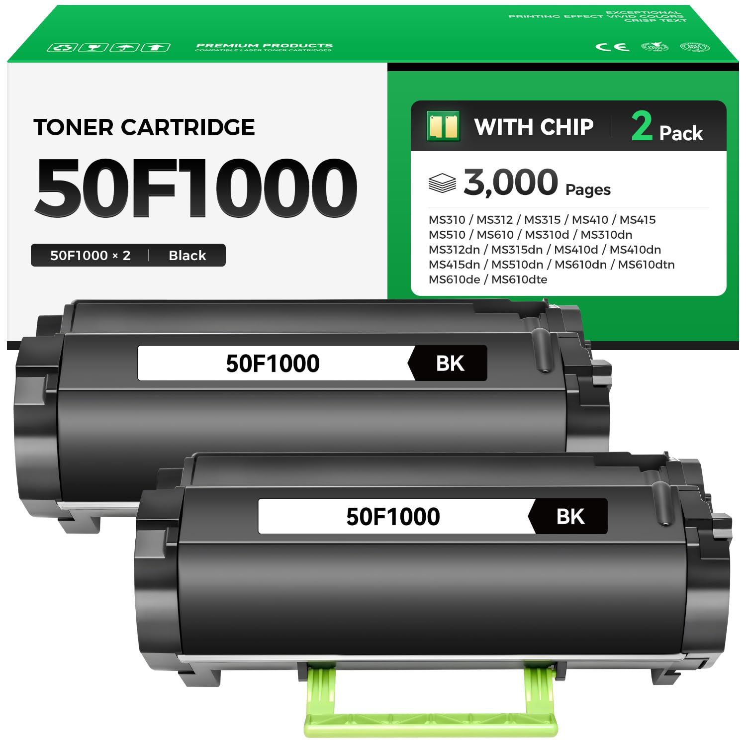50F1000 Black Toner Cartridge with Chip 2-Pack High Yield Replacement for Lexmark 50F1000 50F1H00 Toner Compatible with Lexmark MS310 MS312 MS315 MS410 MS415 MS510 MS610 Laser Printer dn d dtn de dte