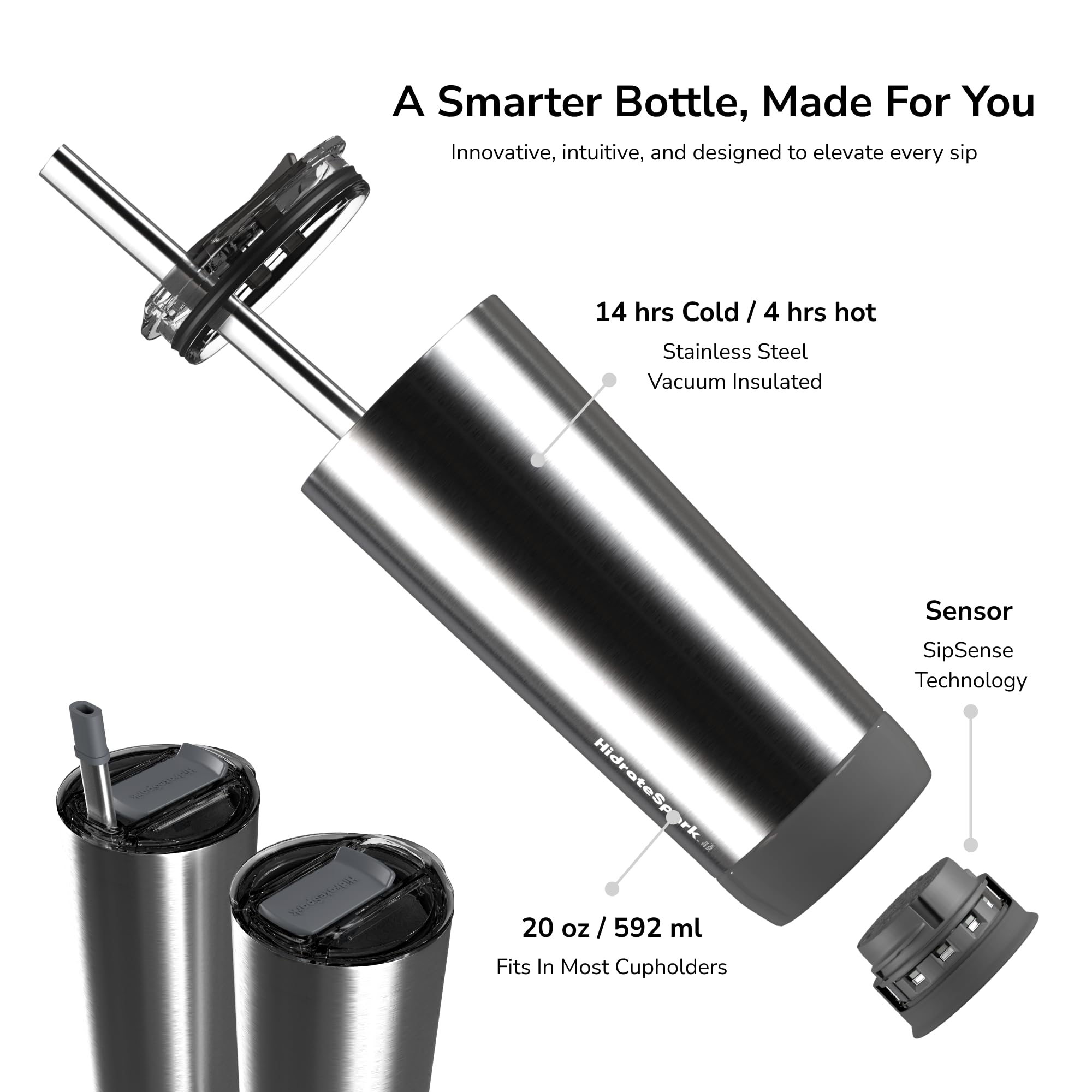 Hidrate Spark PRO 591ml Tumbler Brushed SS + 3 Bonus Straws, Brushed Stainless Steel, 591 ml - Image 3