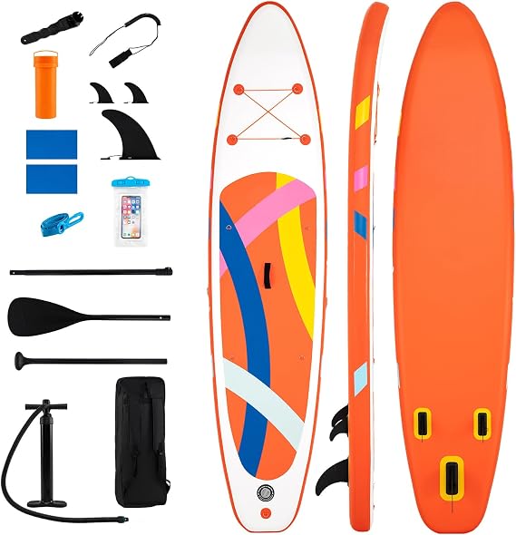 11FT Inflatable Paddle Board with SUP Accessories, Stand Up Paddle Board with Removable Fins, Adjustable Paddle, Phone Pouch, Hand Pump, Leash & Carry Bag, Repair Kit
