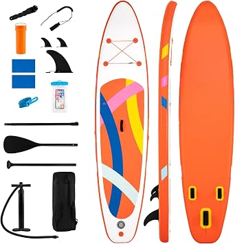 11FT Inflatable Paddle Board with SUP Accessories, Stand Up Paddle Board with Removable Fins, Adjustable Paddle, Phone Pouch, Hand Pump, Leash & Carry Bag, Repair Kit