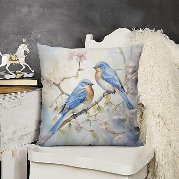 Watercolor Painting of Blue Birds On A Tree Branch Square Couch Sofa Cushion Covers 18 "x18 Birds On The Branch Decorative Pillowcase for Home Patio Coach Sofa Use
