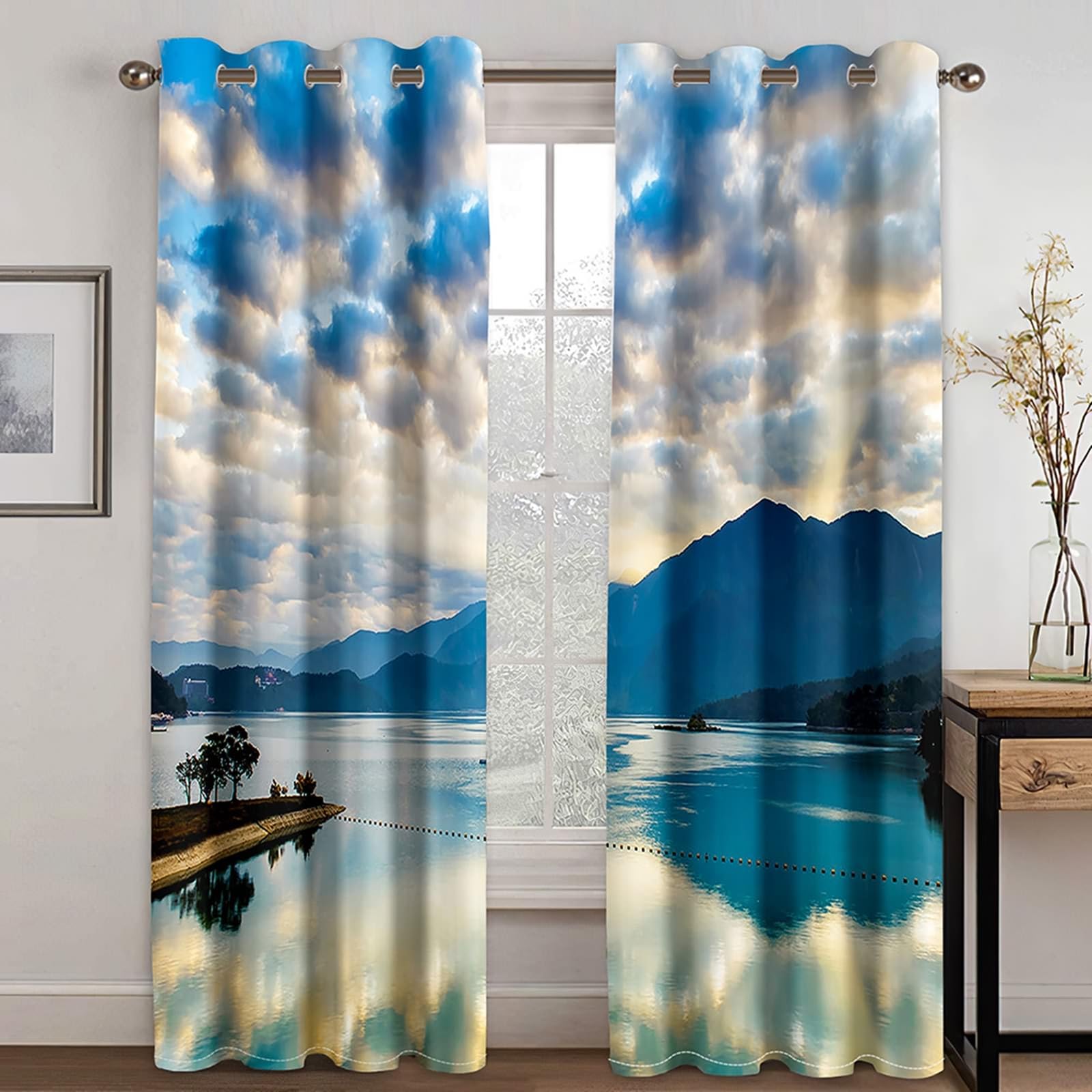 Vorhänge mit Ösen 2er Set, Gardinen Landschaft See und Berg H 160 x B 107 cm Blickdicht Verdunklungsvorhänge für Wohnzimmer