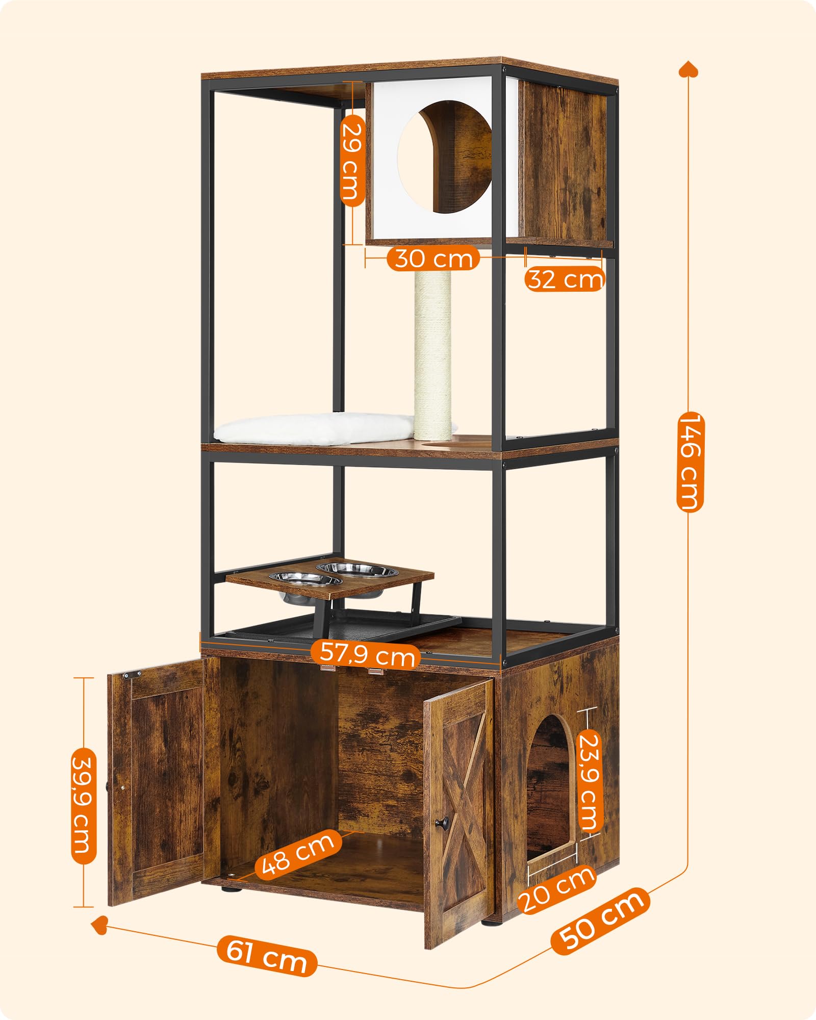 Feandrea Kratzbaum, Katzenbaum, Katzenhaus mit Katzenklo-Schrank, erhöhter Napfständer, Sisalstamm, waschbare Kissen, vintagebraun PCT312X01
