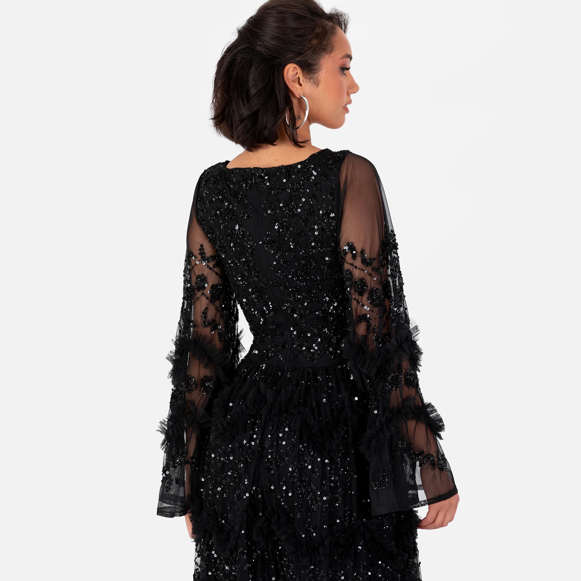 Maya Deluxe Damska sukienka maxi, dekolt w serek, z marszczeniem, talią, rozcięciem, na bal balowy, dla panny młodej, dla gości weselnych, czarna, 46, czarny, 46