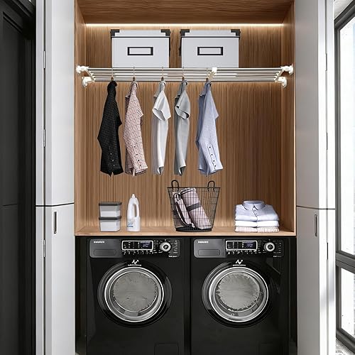 Miniatura 2 de BAOYOUNI Estante extensible de tensión de armario ajustable para almacenamiento de ropa, organizador de varilla, marfil, 39.76-60.04 pulgadas