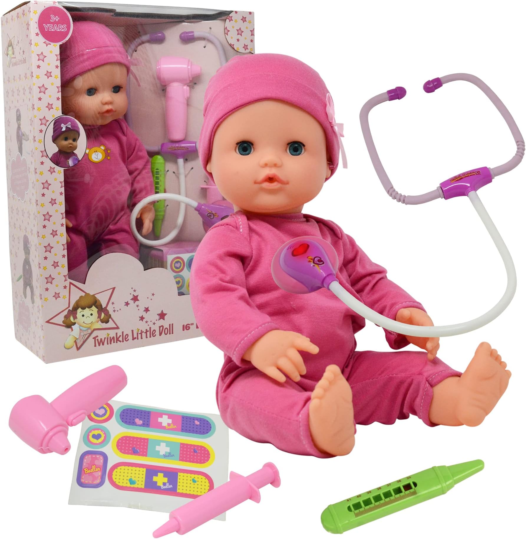Interactive 16 Baby Doll Toy Doctor Kit with Light Up Heartbeat Sound Stethoscope, Pretend Role Play Accessories Set - Medical Checkup Playset Gift Pack for Kids, Girl Toddler Pink, (16 Inch)