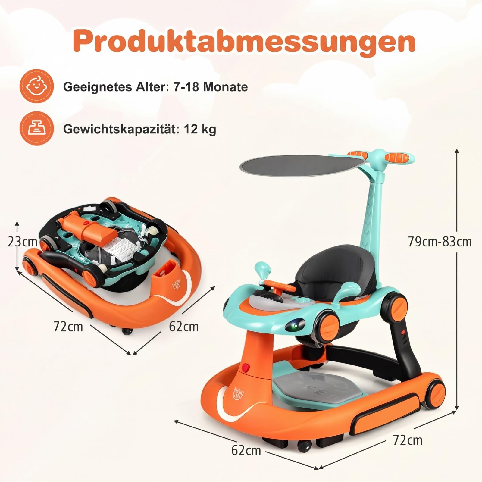 GIANTEX Girello per Bambini 7-18 Mesi 7 in 1, Baby Walker con Tettuccio, Vassoio di Giochi, Carillon, Luci, Primi Passi Piegevole, Altezza e Velocità Regolabili, Carrello da Spinta (Arancione + Verde)