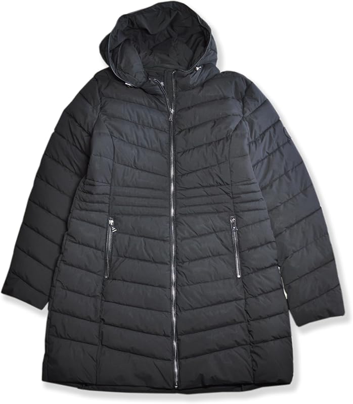 Lauren Ralph Lauren campera acolchada elástica con capucha de 32 pulgadas para mujer (negro, extragrande)