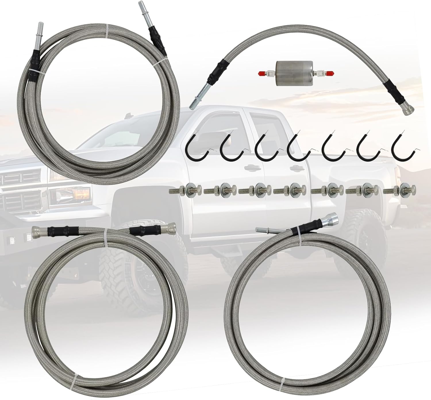 SS Braided Stainless Steel Fuel Line Compatible with 1999-2003 GMC Sierra/Chevy Silverado 1500/1500HD/2500 V8 GAS & Flex,(NOT for 4.3L V6 or 6.6L Diesel & NOT for 2500HD or 3500)