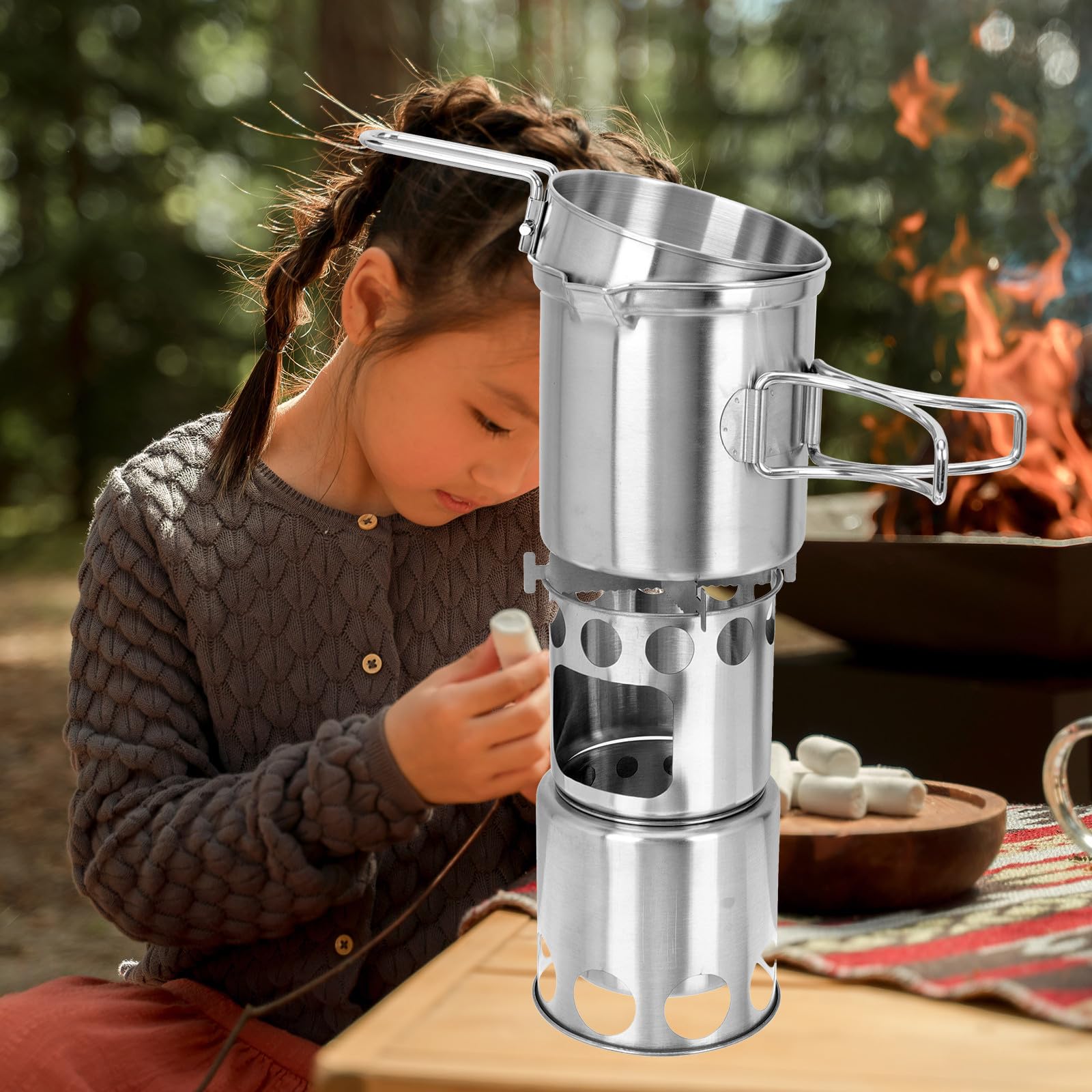 Casserole Portable de Camping en Acier Inoxydable Argenté, Compacte