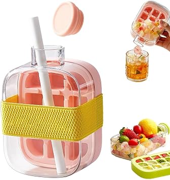 2026 Upgrade 2 in 1 Ice Cube Bottle with Straw,Portable Ice Cube Tray Built in Ice Mold Cup,Press to Release Touch Free Ice Tray Leak Proof Lid for Outdoor Office Travel Home Essential Pink, 17 OZ