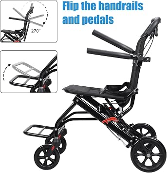 Lightweight Foldable Wheelchair, Transport Wheelchairs for Adults, Folding Transfer Chairs Mobility Aid Wheel Chairs with Safety Belt, Wide Seat, Folding Four Wheel Rollator for Elderly (Black A)