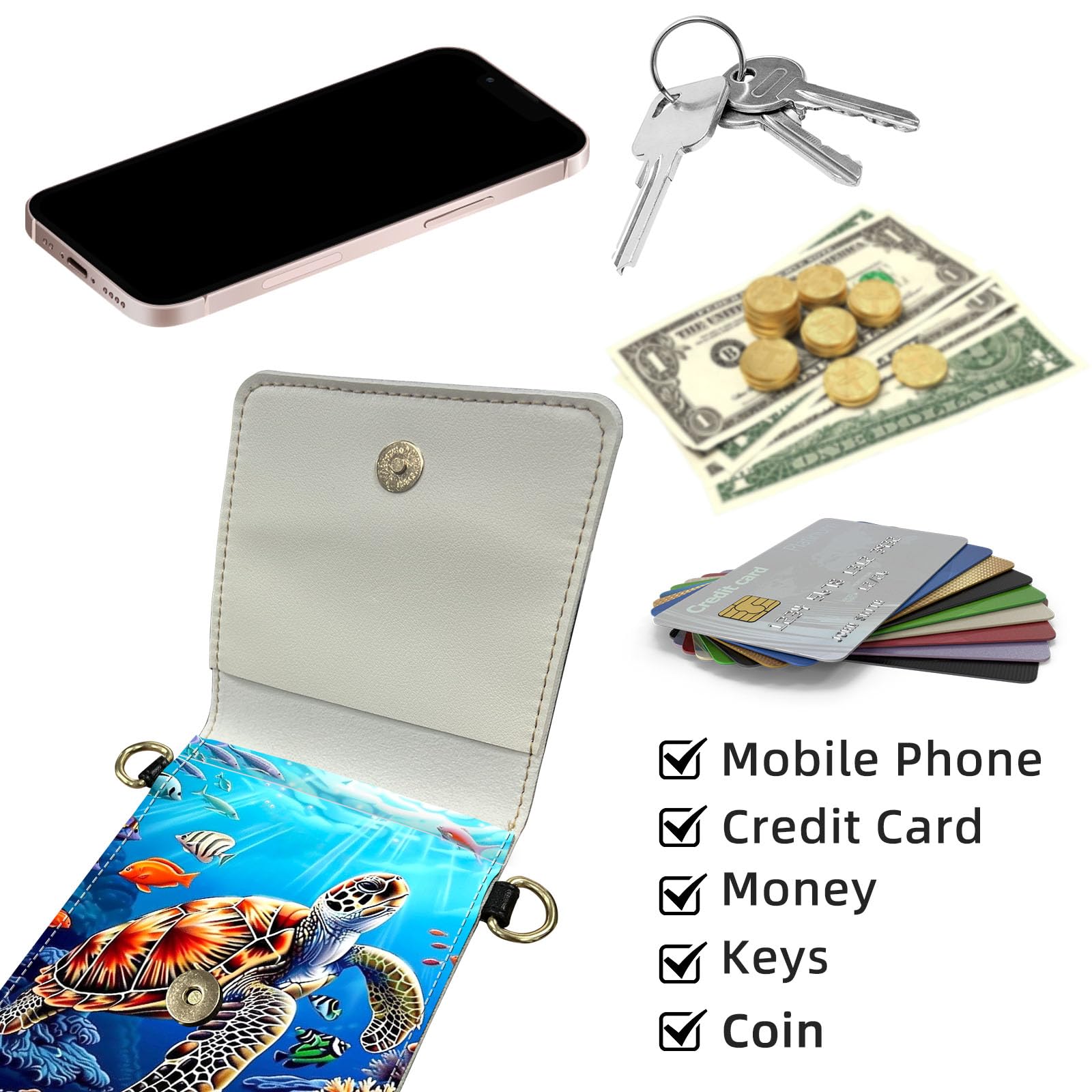 Bandolier Crossbody-Handyhülle, Meeresschildkröte, schwimmend, RFID-blockierend, Crossbody-Tasche mit Kartenfächern und Handyhalter, wasserdicht, Anti-Diebstahl-Touchscreen-Handygeldbörse für