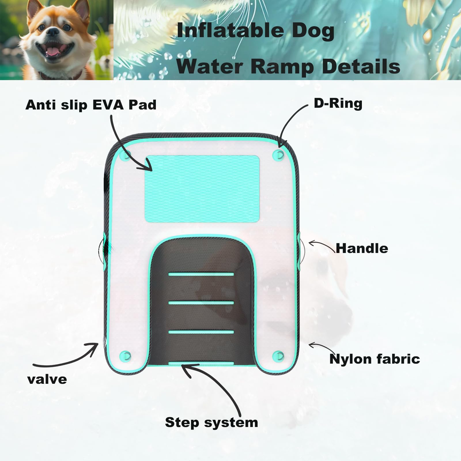 Rampe pour chien, rampe d'eau gonflable pour chien, rampe pour bateau de chien, échelle de quai flottante pour piscine, bateau, lac, échelle de natation en EVA antidérapante pour chiens jusqu'à 100 kg