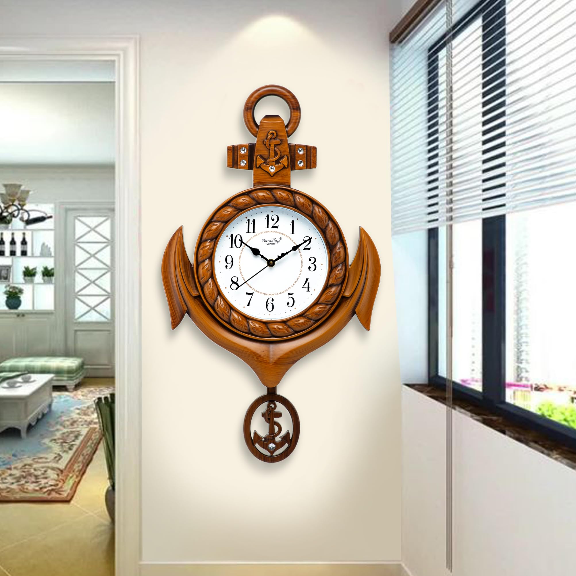 Plastic Analog Latest Stylish New Models Wall Clock With Pendulum For Home Living Room Hall Bedroom (Size Height 42 Cm X Width 30.5 Cm)- Home Decor Big Size Wall Clock-Went (Lite Brown)