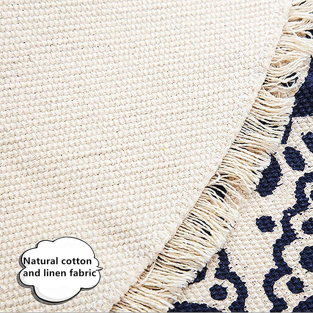 Poowe Tapis rond en coton tissé avec pompons - Lavable - Pour salon, chambre à coucher, cuisine, salle de bain (fleur-1)