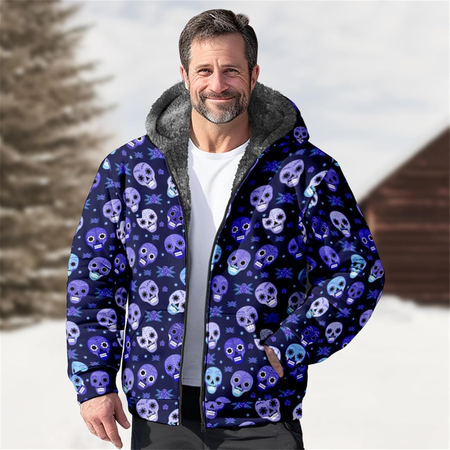 SIAOMA Mens Skull Printing Hoodies Sherpa Warm Fleece Hoodie Jacket Sweatshirt Full Zip Workout Coats - Image 4