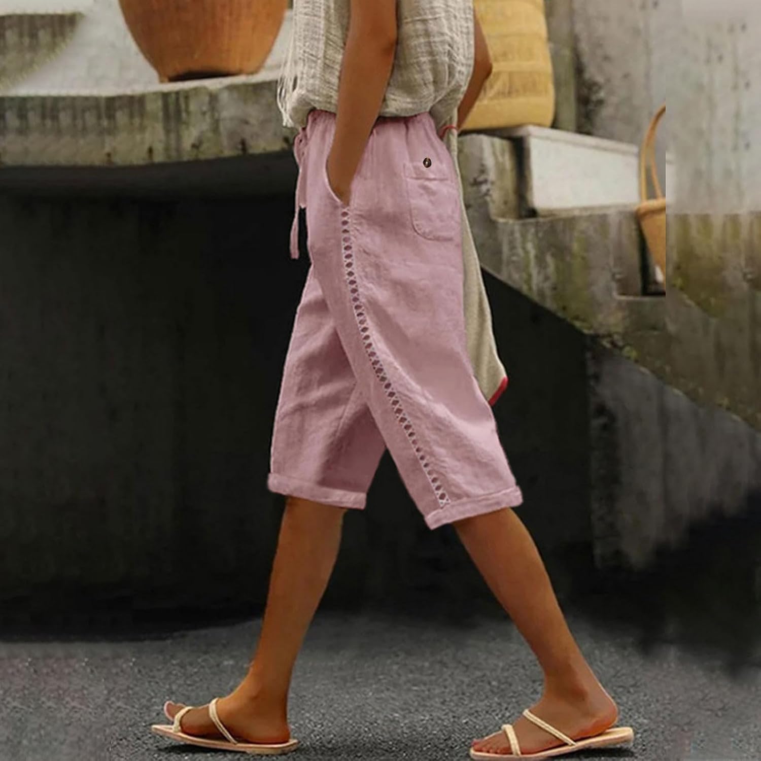 Womens Bermuda Shorts Summer Cotton Linen Shorts Side Lace Loose Casual Pants with Pocket for Beach Vacations