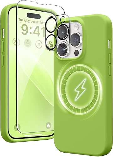 GONEZ Funda de silicona para iPhone 14 Pro Max, compatible con Magsafe, con 2 protectores de pantalla + 2 protectores de lente de cámara, silicona