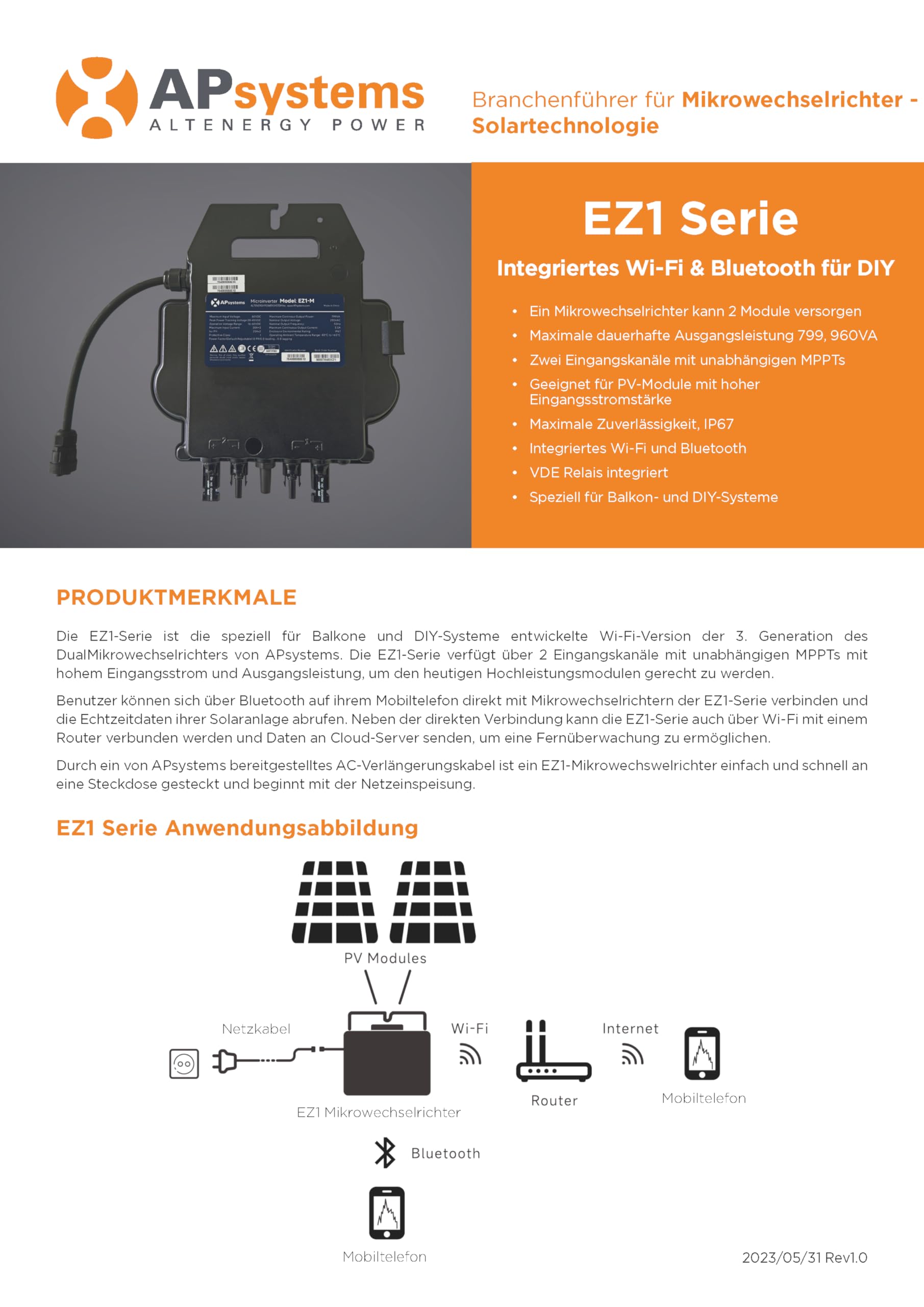 APsystems EZ1-M 600/800W Microinverter con WiFi & Bluetooth, per Impianto Solare da Balcone, fino a 799VA regolabile