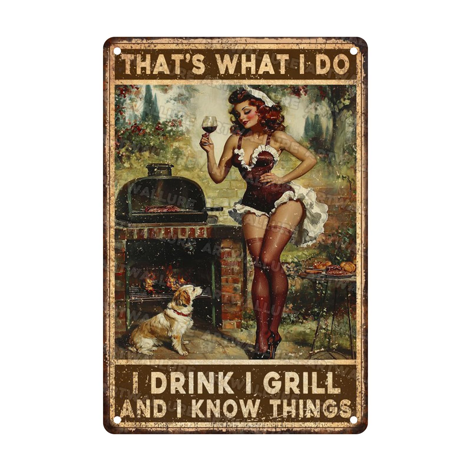 Retro Metal Tin Sign BBQ Girl Grill Lovers Gift Rustic Wall Art I Drink I Grill I Know Things Kitchen Cabin Decor Vintage Style 8x12inch